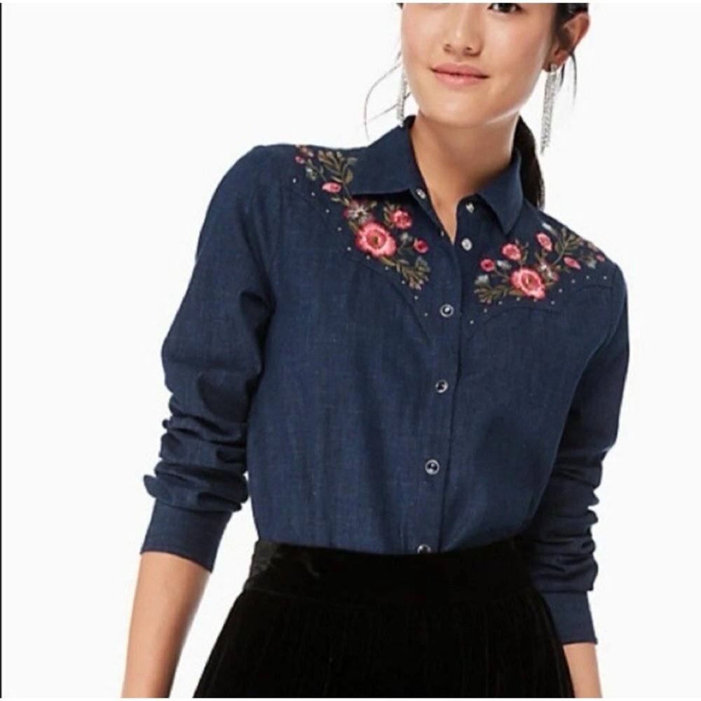 Kate Spade Women XXS Floral Embroidered Chambray L/S Shirt Blue Denim Western